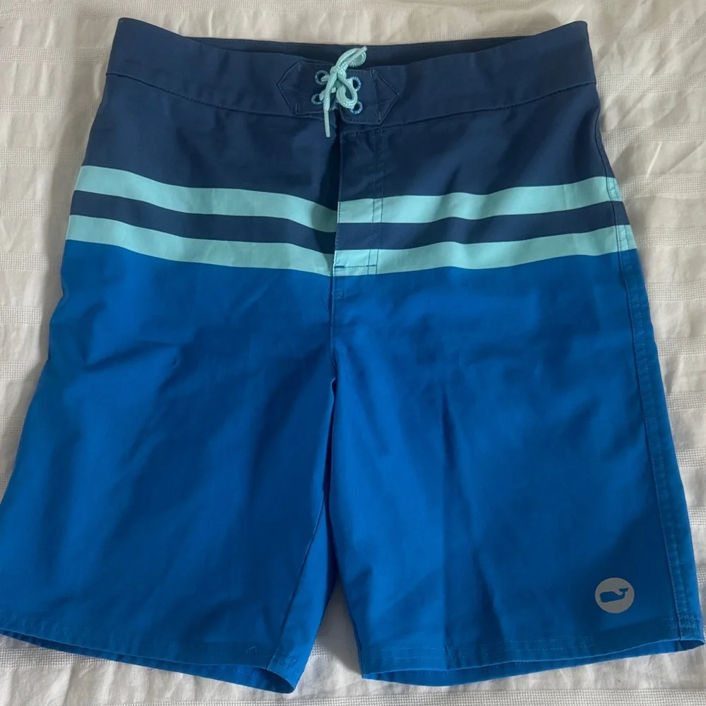 Vineyard Vines Navy and Aqua Striped Men’s Swim Board Shorts